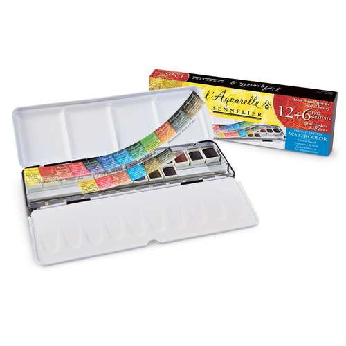 SENNELIER Aquarell-Set, 12 halbe Näpfe + 6 GRATIS 