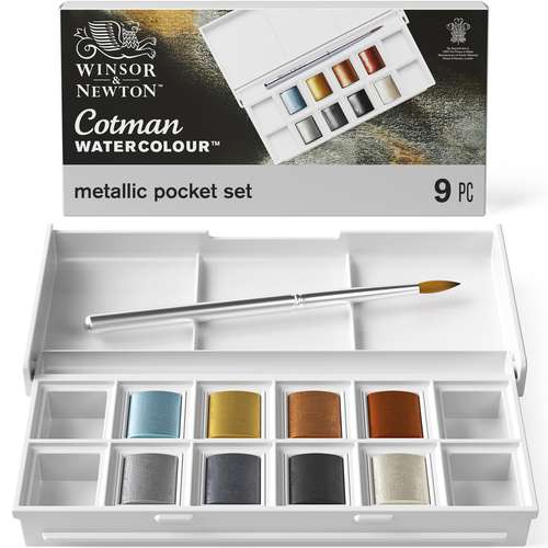 WINSOR & NEWTON™ Cotman™ Pocket Reisekasten,  8 x 1/2 Näpfchen Metallic-Aquarellfarbe 
